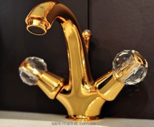 Смеситель для раковины двухвентильный cо Сваровски и донным клапаном Bugnatese Axo золото AXODO634G