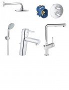 Комплект змішувачів для душу Grohe Grohtherm 1000 Cosmopolitan + Змішувач для раковини Concetto + Кухонний змішувач Minta 346313