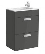 Тумба подвесная с двумя ящиками МДФ 50.5х36 серый антрацит с раковиной для ванной Roca Debba керамика белый с сифоном A855904153