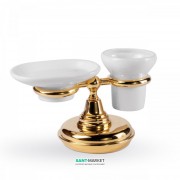 Мыльница и стакан для зубных щеток Tres Retro-Tres с настольным держателем керамика/металл белый/золото 02463613OR