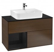 Тумба под раковину Villeroy & Boch Finion 100х50,1 см с подсветкой ДСП шпон грецкого ореха/глянцевый черный лак/стекло черное матовое F112PHGN