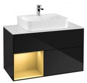 Тумба під раковину Villeroy & Boch Finion 100х50,1 см із підсвічуванням МДФ глянсовий чорний лак/золото матовий лак/скло біле матове G111HFPH