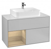 Тумба під раковину Villeroy & Boch Finion 100х50,1 см з підсвічуванням МДФ світло-сірий матовий лак/шпон дуба/скло біле матове G111PCGJ