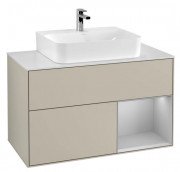 Тумба під раковину Villeroy & Boch Finion 100х50,1 см з підсвічуванням МДФ пісок матовий лак/світло-сірий матовий лак/скло біле матове F121GJHH