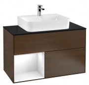Тумба під раковину Villeroy & Boch Finion 100х50,1 см з підсвічуванням ДСП шпон волоського горіха/білий глянцевий лак/скло чорне матове F112GFGN