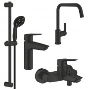 Комплект змішувачів для ванної та кухні Grohe QuickFix Start 4 в 1 із душовим набором чорний матовий UA303301MK