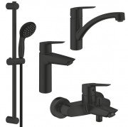 Комплект змішувачів для ванної та кухні Grohe QuickFix Start 4 в 1 із душовим набором чорний матовий UA303311MK