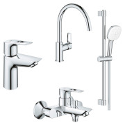 Комплект смесителей для ванной Grohe BauLoop New 4 в 1 с душевым набором и смесителем для кухни хром UA123225K3