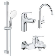 Комплект смесителей для ванной Grohe Euroeco New 4 в 1 с душевым набором и смесителем для кухни хром UA123242MK