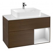 Тумба під раковину Villeroy & Boch Finion 100х50,1 см з підсвічуванням МДФ шпон волоського горіха/білий матовий лак/скло біле матове G121MTGN