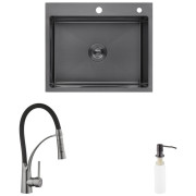 Мийка для кухні Kroner KRP Schwarze-6050HM 60х50 60х50 см із змішувачем та дозатором нержавіюча сталь чорний PVD CVS30071