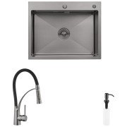 Мийка для кухні Kroner KRP Schwarze-6350HM 63х50 см із змішувачем та дозатором нержавіюча сталь чорний PVD CVS30076