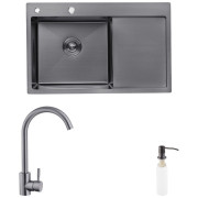 Мойка для кухни Kroner KRP Schwarze-7849LHM 78х49 см со смесителем и дозатором нержавеющая сталь черный PVD CVS30118