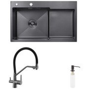 Мийка для кухні Kroner KRP Schwarze-7848LHM 78х48 см із змішувачем та дозатором нержавіюча сталь чорний PVD CVS30116