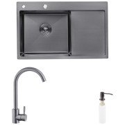 Мойка для кухни Kroner KRP Schwarze-7849LHM 78х49 см со смесителем и дозатором нержавеющая сталь черный PVD CVS30118