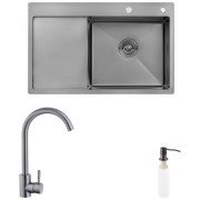 Мойка для кухни Kroner KRP Schwarze-7849RHM 78х49 см со смесителем и дозатором нержавеющая сталь черный PVD CVS30119