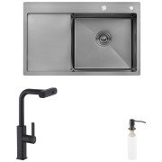 Мойка для кухни Kroner KRP Schwarze-7849RHM 78х49 см со смесителем и дозатором нержавеющая сталь черный PVD CVS30126