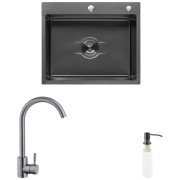Мийка для кухні Kroner KRP Derby-6050HM 60х50 см із змішувачем та дозатором нержавіюча сталь чорний PVD CVS30122