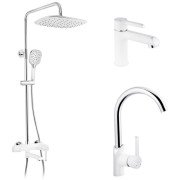 Набор 3 в 1 душевая система Kroner Essen-W063 + смеситель для раковины Essen-W010 + смеситель Essen-W030 хром/белый CVS30218