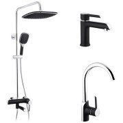 Набор 3 в 1 душевая система Kroner Essen-SCH063 + смеситель для раковины Essen-SCH030 + смеситель Essen-SCH010 хром/черный CVS30219
