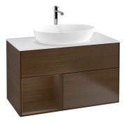 Тумба під раковину Villeroy & Boch Finion 100х50,1 см із підсвічуванням МДФ шпон волоського горіха/скло біле матове G771GNGN