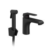 Змішувач для раковини Ravak Flat одноважільний з гігієнічним душем чорний X070439
